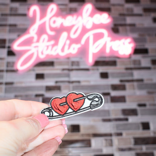 Safety Pin and Hearts - Embroidered Patch