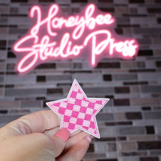 Pink and Hot Pink Checkered Star - Embroidered Patch