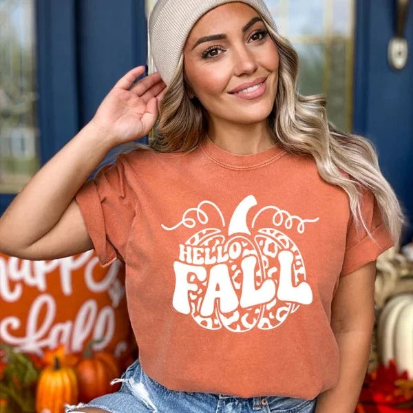 Hello Fall Cheetah Print Pumpkin - Single Color Screen Print