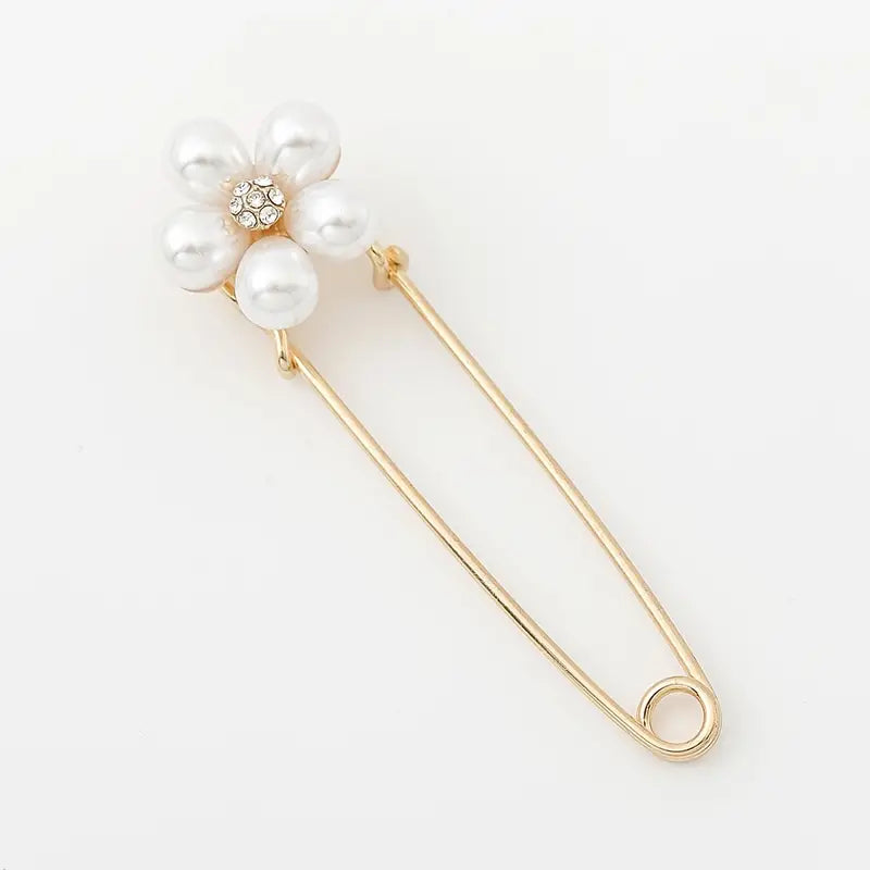 Faux Pearl Flower Safety Pin  - Enamel Pin / Brooch