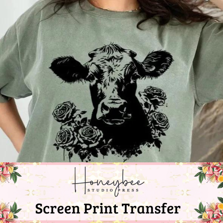 Cow and Roses - Single Color Screen Print